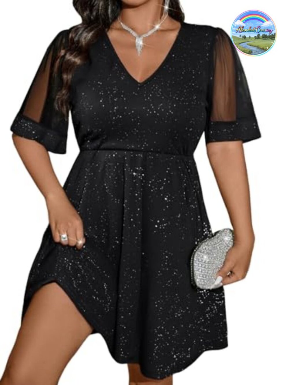 Plus Size A-Line Dress Mesh Short Sleeve V Neck Flared Glitter Party Cocktail